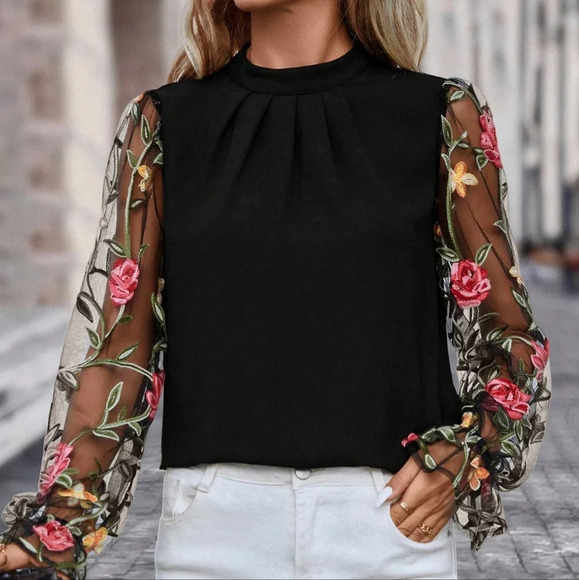 Floral Embroidery Mesh Flounce Sleeve Mock Neck Blouse - Picture 5 of 5